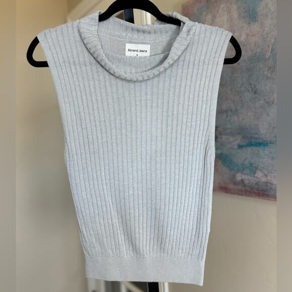 New Abrand Mock Neck Sleeveless Knit Sweater in Grey Dove Small Linen Blend - Picture 1 of 4